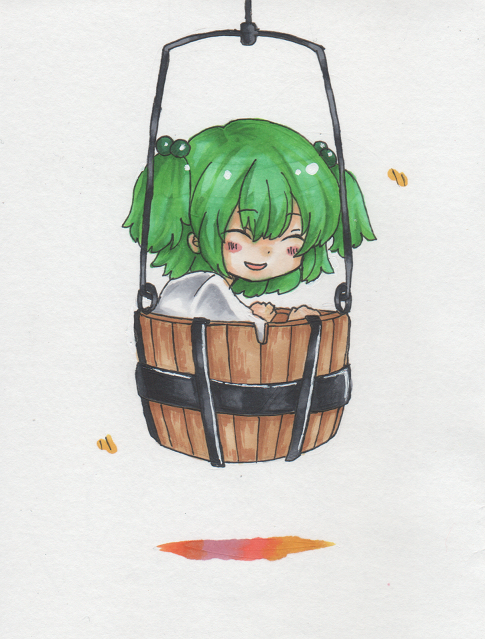 blush, bucket, closed_eyes, eyes_closed, green_hair, hair_bobbles, hair_ornament, in_bucket