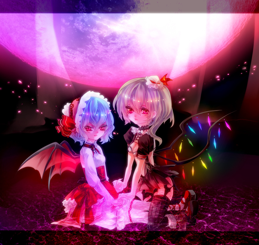 absurdres, alternate_costume, bat_wings, blonde_hair, breasts, cleavage, flandre_scarlet, full_moon