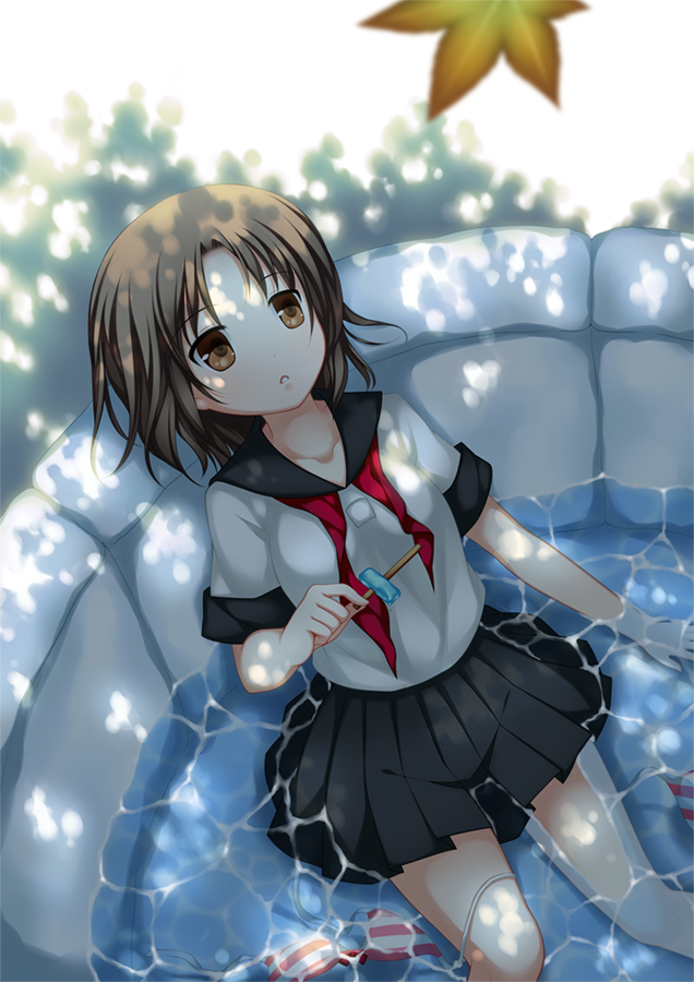 aoilio, bikini, blush, brown_eyes, brown_hair, dress, inflatable_pool, leaf