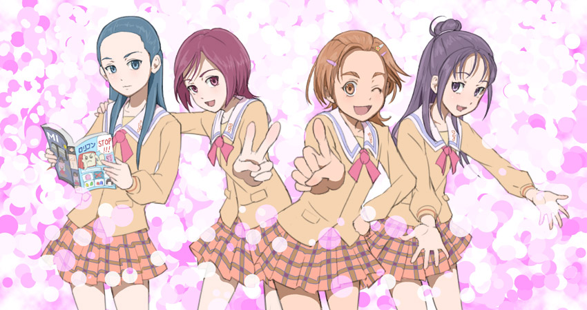 ;d, blazer, blue_eyes, blue_hair, brown_eyes, brown_hair, futari_wa_precure_splash_star, hair_bun, hyuuga_saki, kiryuu_kaoru, kiryuu_michiru, long_hair, mishou_mai, multiple_girls, nichijou, open_mouth, oprecho9, parody, precure, purple_eyes, purple_hair, red_eyes, red_hair, redhead, school_uniform, short_hair, smile, v, violet_eyes, wink