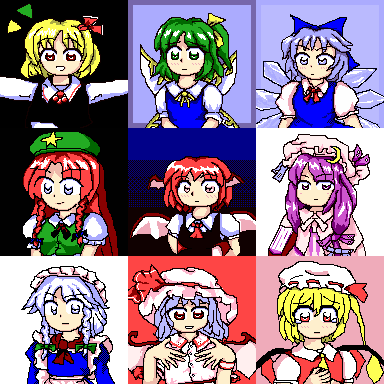 apron, ascot, bat_wings, blue_eyes, book, bow, cirno, daiyousei, dress, everyone, flandre_scarlet, hair_ribbon, hat, hat_bow, head_wings, hong_meiling, izayoi_sakuya, knife, koakuma, kunisakisaikou, long_hair, looking_at_viewer, looking_away, lowres, maid_headdress, multiple_girls, oota_jun'ya_(style), oota_jun'ya_(style), open_mouth, parody, patchouli_knowledge, pixel_art, red_eyes, remilia_scarlet, ribbon, rumia, short_hair, side_ponytail, style_parody, the_embodiment_of_scarlet_devil, touhou, twintails, wings