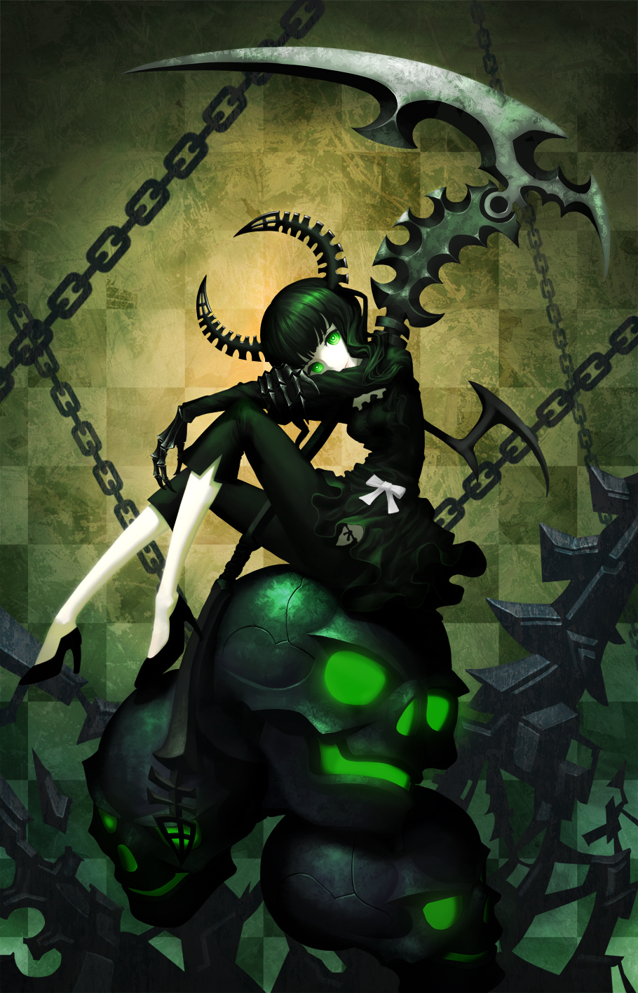 black_hair, black_rock_shooter, csddong, dead_master, green_eyes, highres, horns, odibil, scythe, sitting, skull, smile, solo, weapon, wings