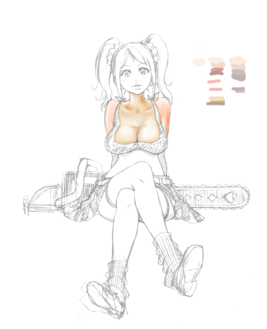 blonde_hair, breasts, candy, chainsaw, edit, large_breasts, lollipop, photoshop