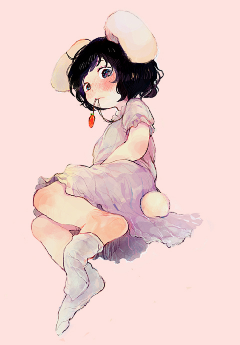 animal_ears, black_hair, blue_eyes, blush, bunny_ears, bunny_tail, carrot, gnsi