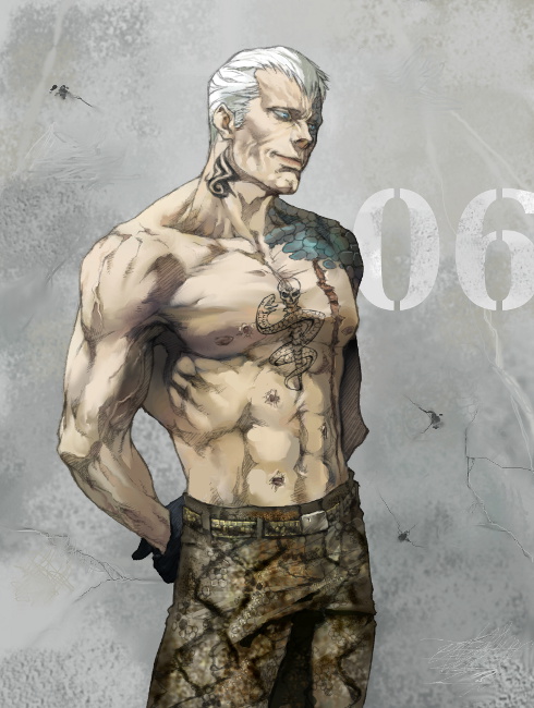33_(bell12), abs, android, arms_behind_back, bad_id, belt, blue_hair, bryan_fury, bullet_hole, gloves, grey_background, hands_clasped, male, muscle, number, pants, scar, shirtless, short_hair, snakeskin_print, tattoo, tekken, white_hair