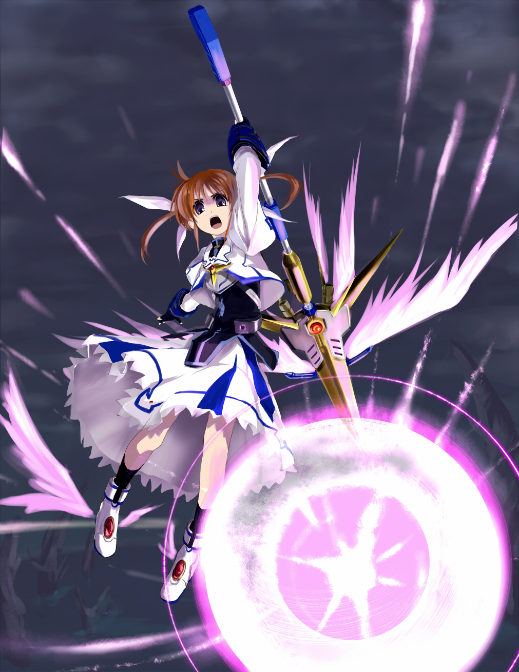 brown_hair, dress, fingerless_gloves, gloves, hair_ribbon, highres, lyrical_nanoha, magical_girl
