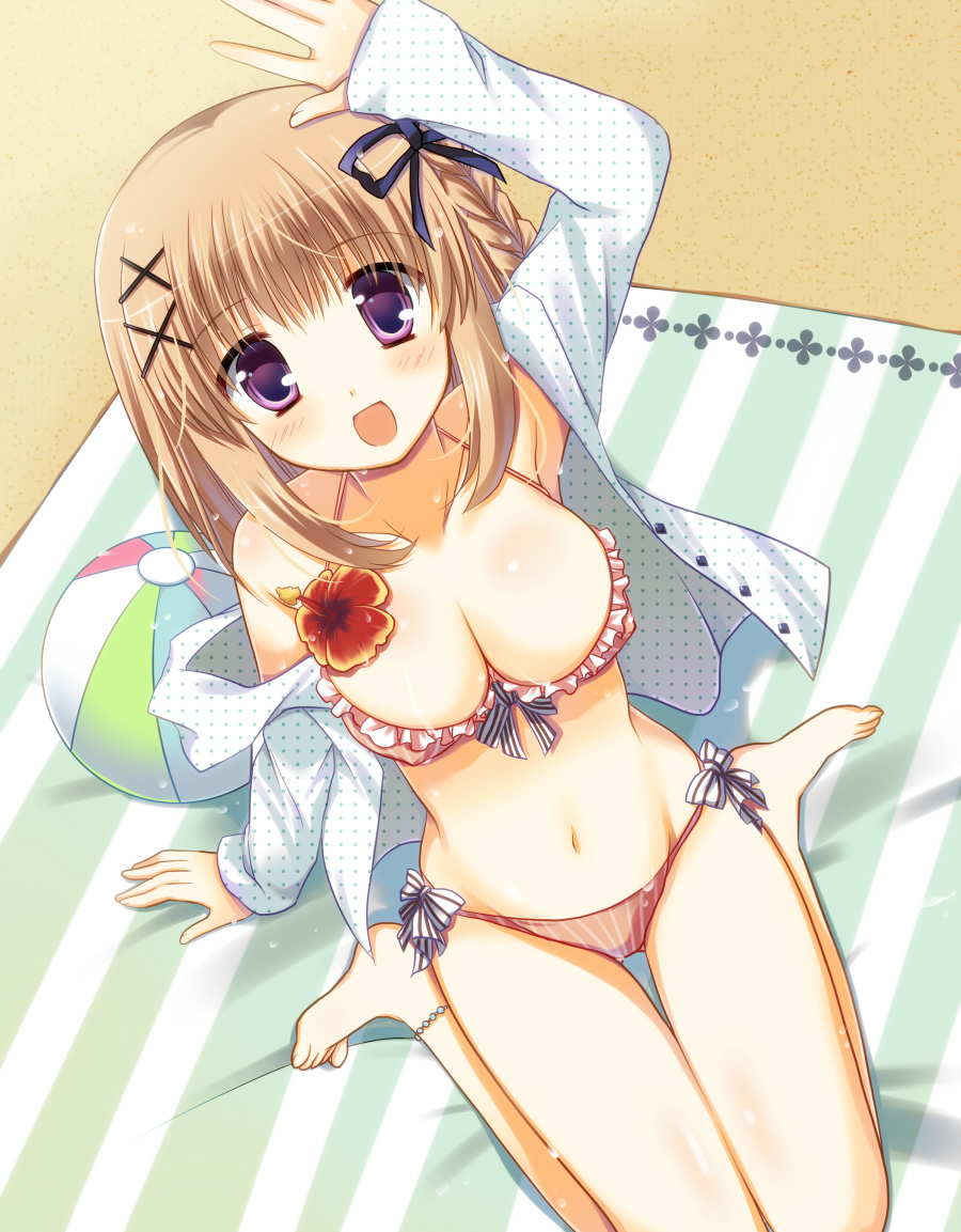 arm_up, ball, bikini, blush, breasts, brown_hair, down_blouse, flower