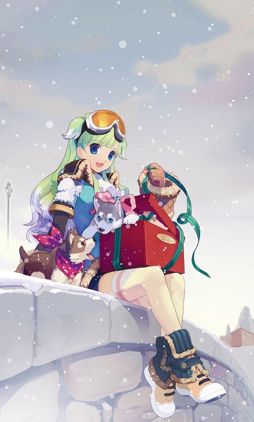 blue_eyes, boots, box, bridge, crossed_ankles, dog, fur_trim, gift