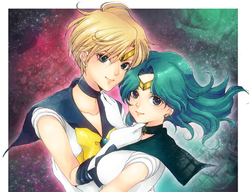 aqua_eyes, bishoujo_senshi_sailor_moon, blonde_hair, bow, choker, gloves, green_background, green_hair
