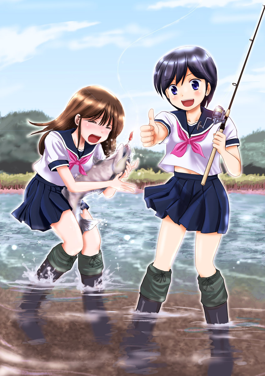 black_hair, blue_eyes, boots, brown_hair, closed_eyes, cloud, clouds, eyes_closed, fish, fishing, fishing_rod, highres, holding, holding_fishing_rod, looking_at_viewer, multiple_girls, nature, open_mouth, original, river, rubber_boots, school_uniform, shimazaki_kazumi, short_hair, skirt, sky, smile, thumbs_up, water