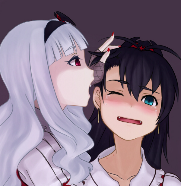 black_hair, blue_eyes, blush, dress, fang, fingerless_gloves, ganaha_hibiki, gloves, hairband, idolmaster, idolmaster_2, incipient_bite, long_hair, multiple_girls, my_dear_vampire, nail_polish, open_mouth, red_eyes, shijou_takane, silver_hair, wince