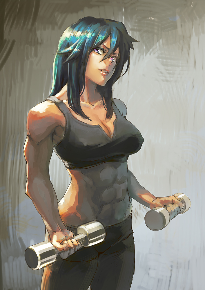 abs, aro_(charged_time_out), blue_hair, breasts, cleavage, crop_top, dumbbell, erect_nipples