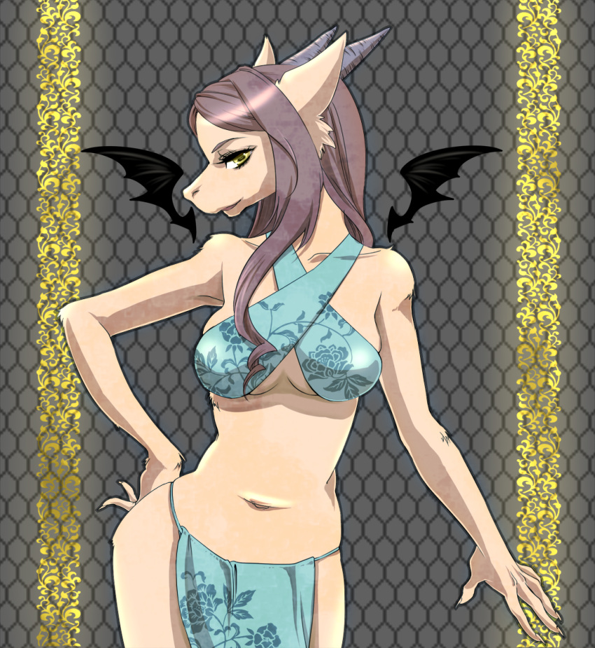 1girl, bare_shoulders, bat_wings, breasts, brown_hair, burmecian, cleavage, criss-cross_halter, final_fantasy, final_fantasy_ix, freya_crescent, furry, green_eyes, halter_top, halterneck, hand_on_hip, horn, horns, kemuri-kiyoshi, kiyoshi, long_hair, pose, rat, rodent, sarong, skimpy, snout, solo, standing, video_games, wings, yellow_eyes