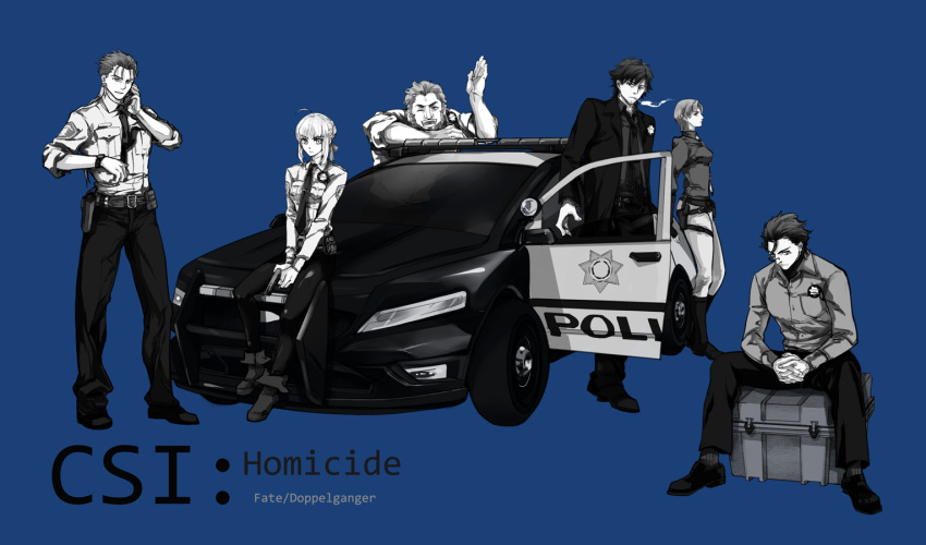 4boys, badge, bazett_fraga_mcremitz, beard, blue_background, car, crimo, csi