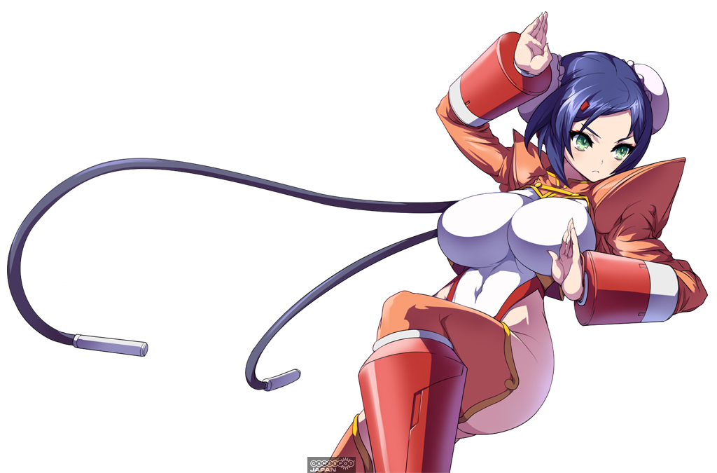 android, arcana_heart, blue_hair, breasts, bun_cover, cable, chinese_clothes, double_bun