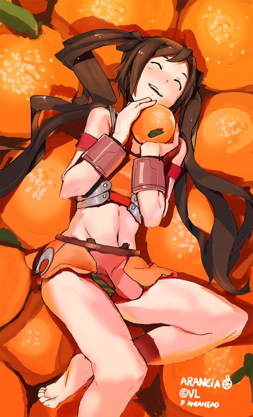 aheahead, arancia, barefoot, blush, bracelet, breastplate, brown_hair, closed_eyes, eyes_closed, food, fruit, highres, holding, jewelry, long_hair, lying, microskirt, midriff, on_back, orange, orange_(color), orange_(fruit), original, panties, pantyshot_(lying), shadow, smile, solo, striped, striped_panties, twintails, underwear