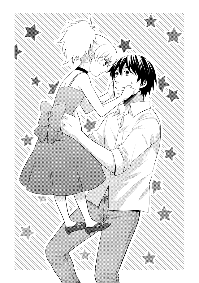 1boy, 1girl, bow, couple, darker_than_black, dress, forced_smile, hands_on_another's_face