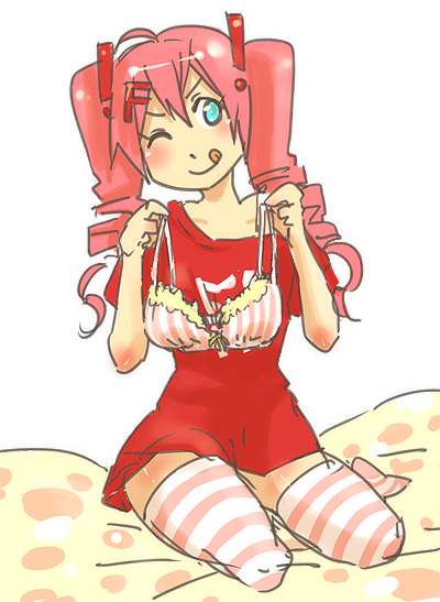 021, 1girl, :q, ;q, ahoge, blue_eyes, blush, bra, bra_removed, drill_hair, fakku, green_eyes, hair_ornament, lingerie, momoka_(fakku), no_bra, off_shoulder, pink_hair, sitting, solo, striped, striped_bra, striped_legwear, striped_thighhighs, t-shirt, thigh-highs, tongue, transparent_background, twin_drills, twintails, underwear, wink, yokozuwari