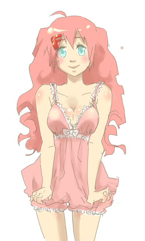 021, 1girl, ahoge, animated, animated_gif, babydoll, bare_shoulders, blinking, blue_eyes, blush, breast_squeeze, breasts, cleavage, english, fakku, heart, long_hair, momoka_(fakku), pink_hair, smile, solo, underwear, underwear_only