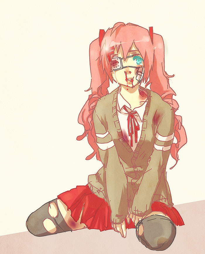 021, 1girl, bandaid, black_legwear, blood, blue_eyes, bruise, cardigan