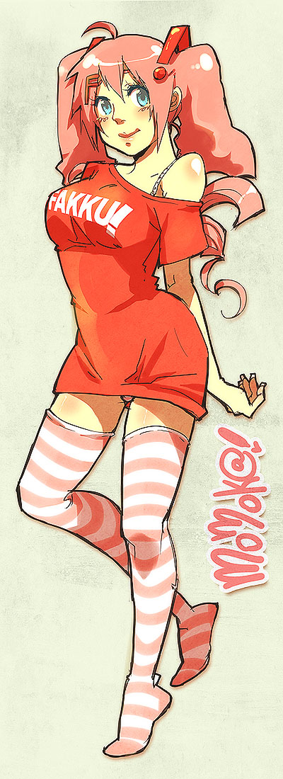 1girl, ahoge, arms_behind_back, blue_eyes, blush, clothes_writing, fakku, footwear
