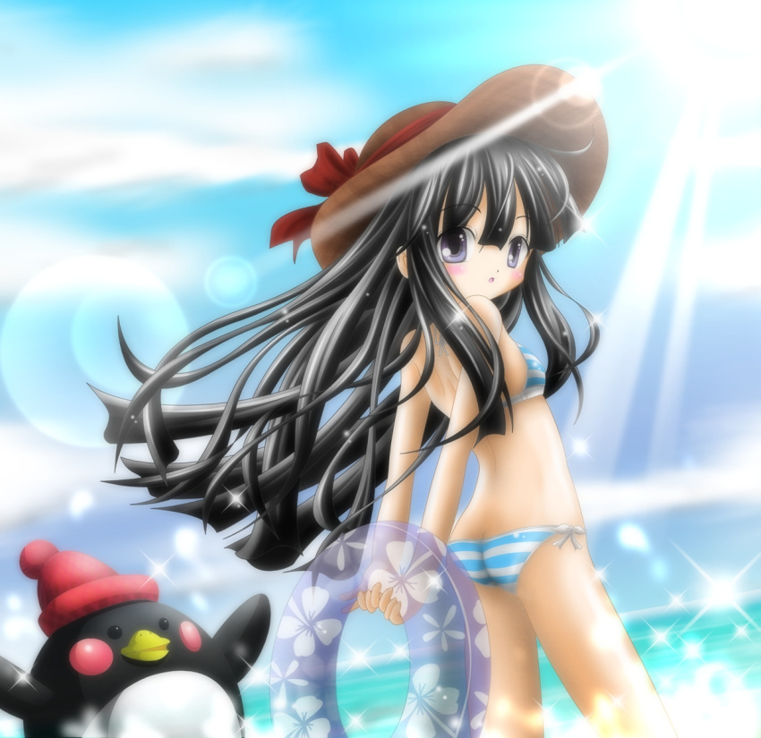 1girl, ass, bikini, bird, black_eyes, black_hair, emil_chronicle_online, innertube