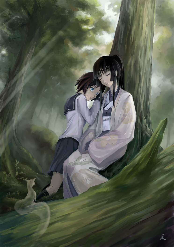 against_tree, artist_request, bangs, black_hair, blue_eyes, blunt_bangs, brown_hair, closed_eyes, forest, ga-rei, ga-rei_zero, hime_cut, isayama_yomi, japanese_clothes, kimono, leaf, multiple_girls, nature, school_uniform, serafuku, short_hair, source_request, squirrel, sunbeam, sunlight, tears, togenagi_futaba, transparent, tree, tsuchimiya_kagura