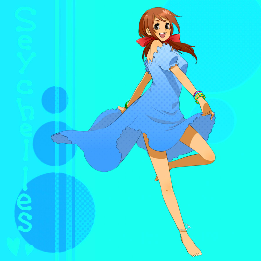 1girl, anklet, axis_powers_hetalia, bangle, bare_legs, barefoot, blue_dress, bracelet