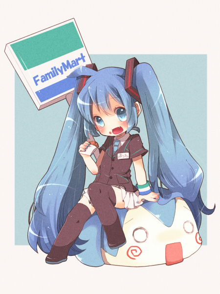 aqua_eyes, aqua_hair, blush, family_mart, fang, food, food_on_face, hatsune_miku