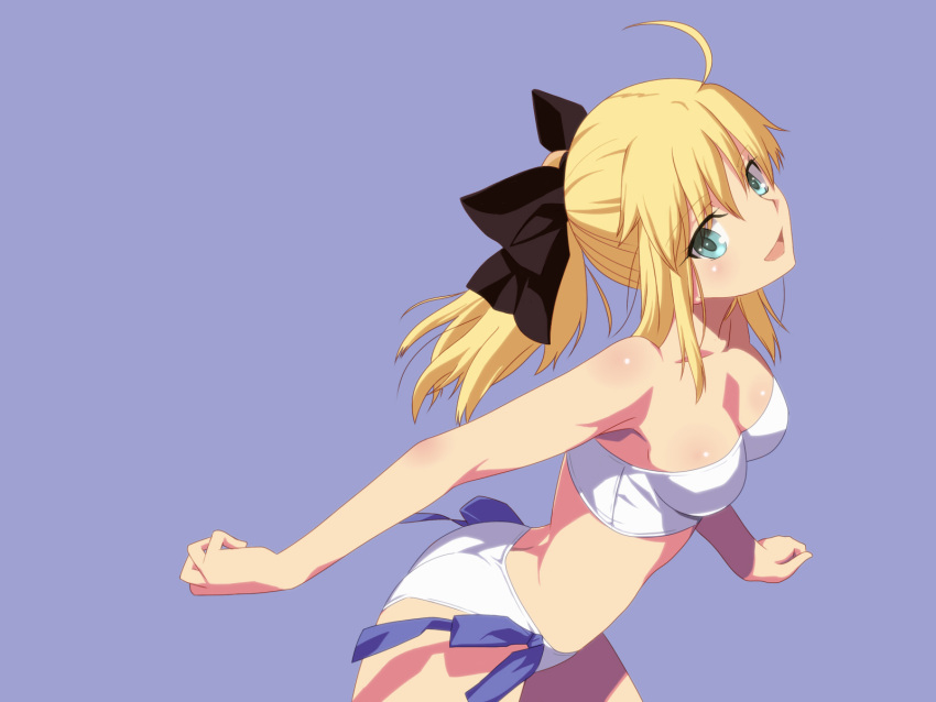 ahoge, bandeau, bare_shoulders, bikini, black_ribbon, blonde_hair, blue_ribbon, blush, breasts, fate/zero, fate_(series), green_eyes, highres, open_mouth, ponytail, ribbon, saber, shiny, shiny_skin, solo, swimsuit, takahirokun