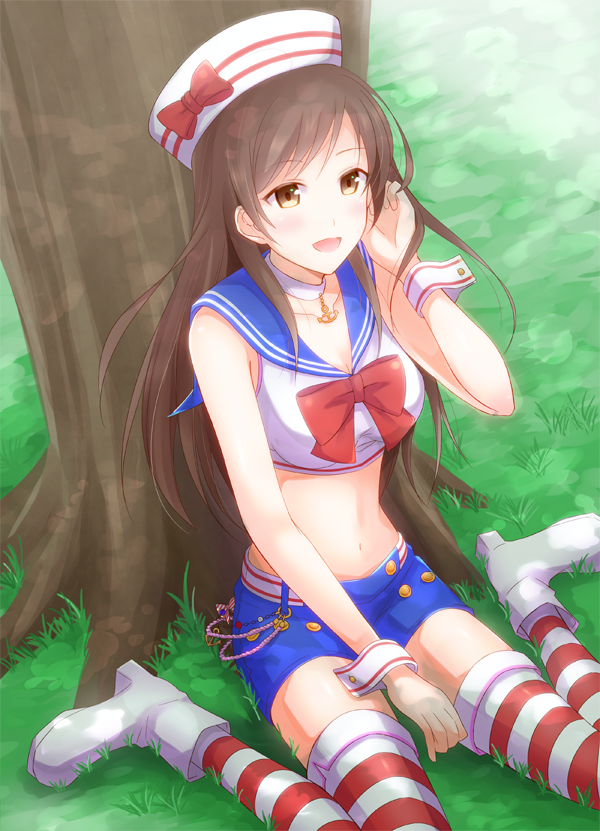 boots, brown_eyes, brown_hair, choker, dixie_cup_hat, grass, hat, idolmaster, idolmaster_cinderella_girls, iincho_(airi8751), long_hair, midriff, navel, nitta_minami, sailor_collar, shorts, sitting, solo, striped, striped_legwear, thigh-highs, thighhighs, tree, wariza