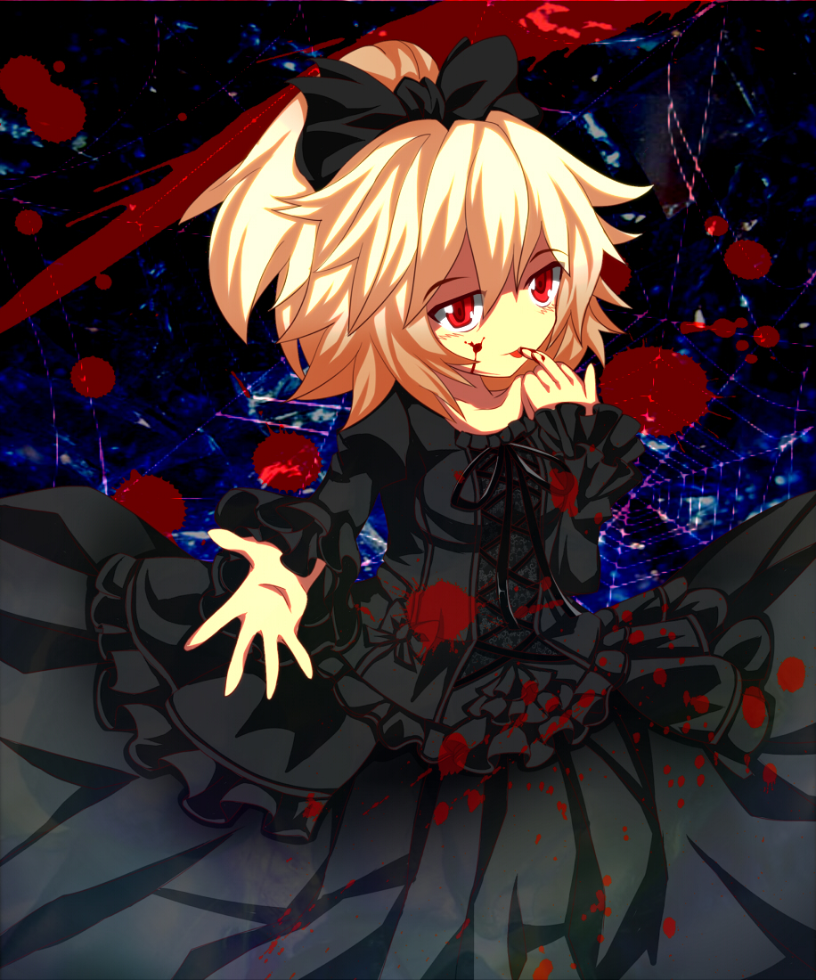alternate_costume, black_dress, blonde_hair, blood, blood_in_mouth, blood_on_face, bow, dress