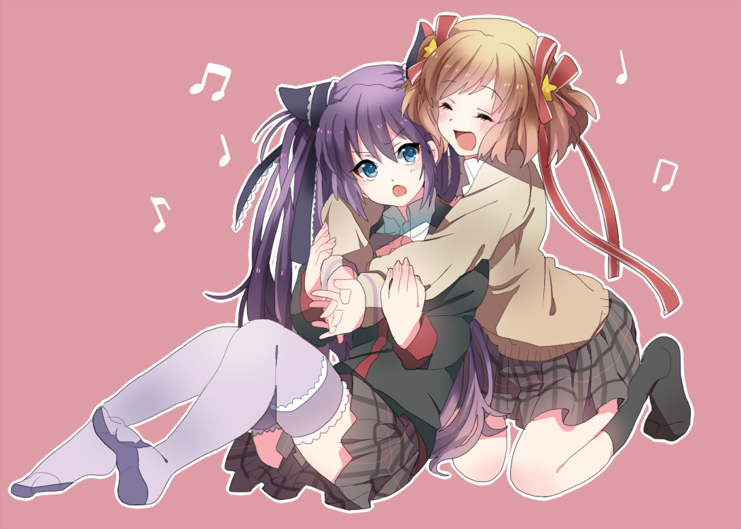 bad_id, blonde_hair, blue_eyes, hug, hug_from_behind, kamikita_komari, little_busters!!, multiple_girls