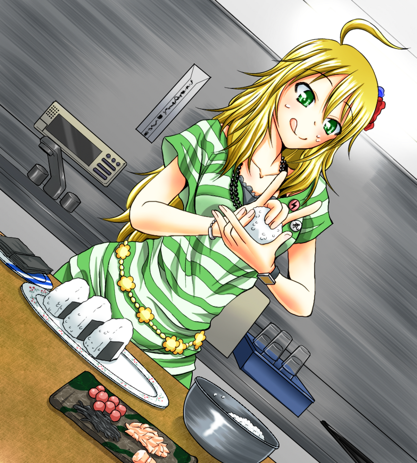 ahoge, blonde_hair, food, green_eyes, hoshii_miki, idolmaster, long_hair, onigiri