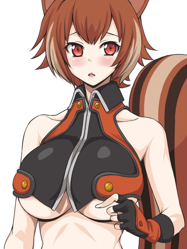 animal_ears, bare_shoulders, blazblue, blush, breasts, brown_hair, fingerless_gloves, gloves, inu1tou, makoto_nanaya, red_eyes, short_hair, simple_background, solo, squirrel_ears, squirrel_tail, tail, under_boob, underboob, white_background