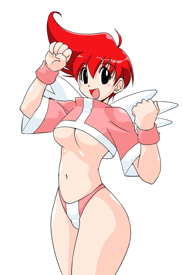 astra_super_stars, black_eyes, breasts, maron_(astra_super_stars), midriff, muramasa_mikado, navel, red_hair, redhead, short_hair, smile, solo, under_boob, underboob, white_background, wrist_cuffs
