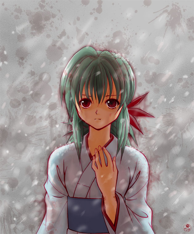 green_hair, hand_on_own_chest, japanese_clothes, kimono, nashiko_(tinyrelation), obi, red_eyes, snow