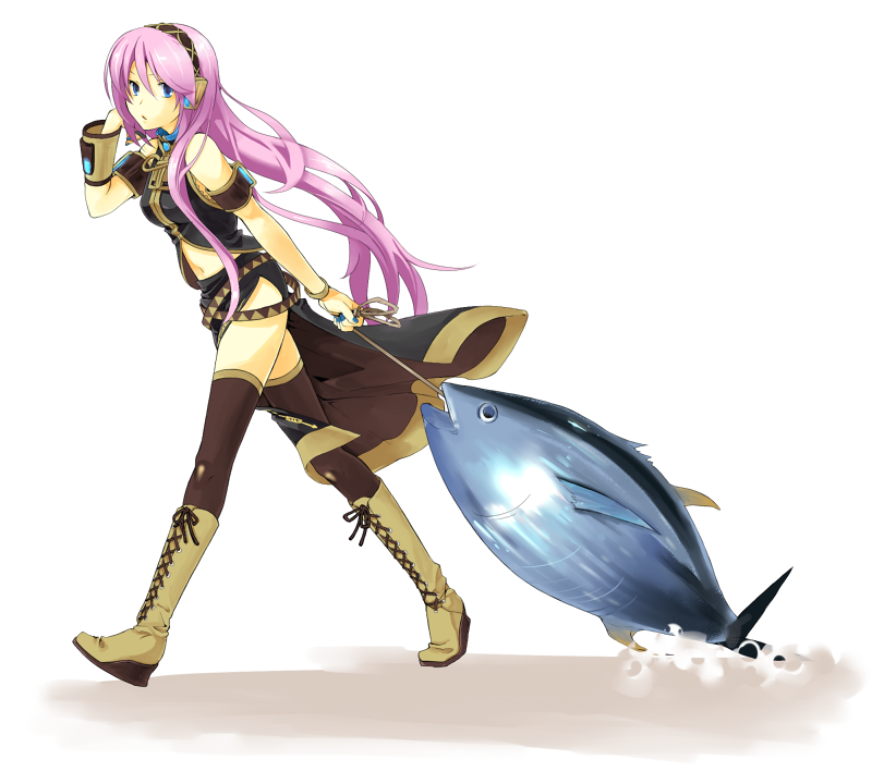 aqua_eyes, fish, headphones, long_hair, megurine_luka, pink_hair, sabu_(sa-bu), simple_background