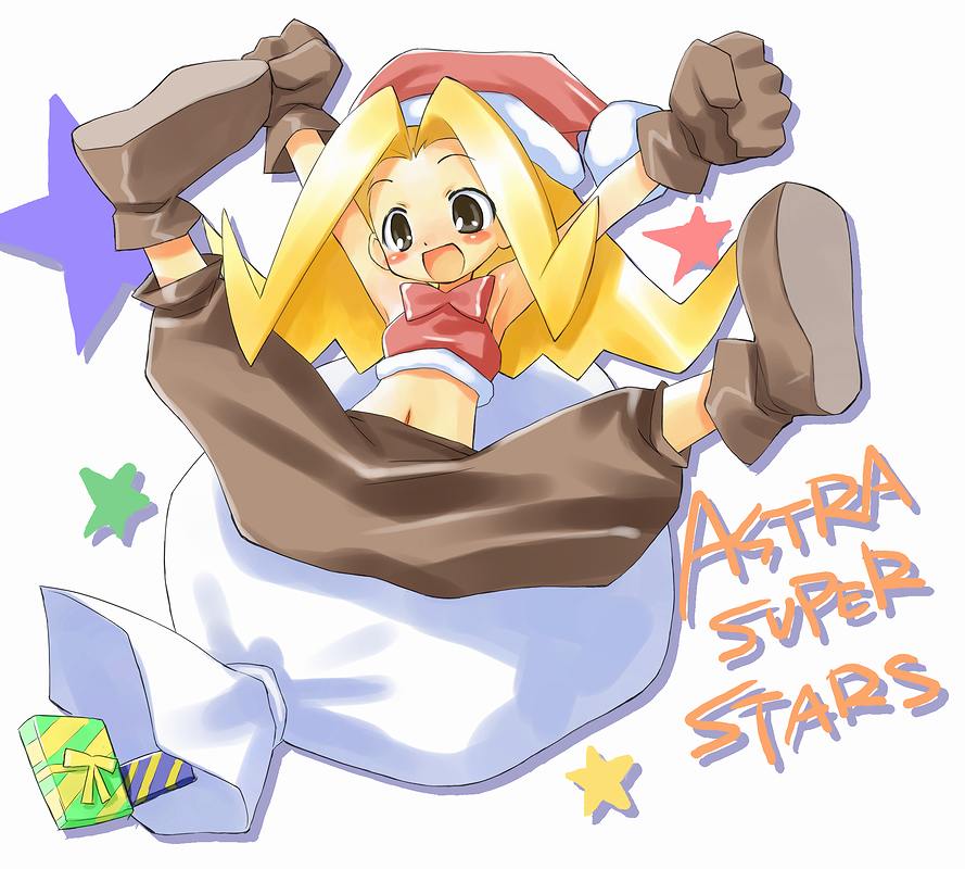 astra_super_stars, bag, blonde_hair, clenched_hand, clenched_hands, gift, gloves, grey_eyes, hat, long_hair, pants, raised_fists, rouge_(astra_super_stars), rouge_(astral_super_stars), santa_hat, shoes, smile, solo, spread_legs, tatata, title_drop, white_background