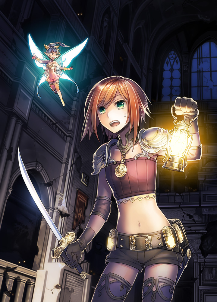 armor, ashi, belt, brown_hair, collar, elbow_pads, fairy, fairy_wings
