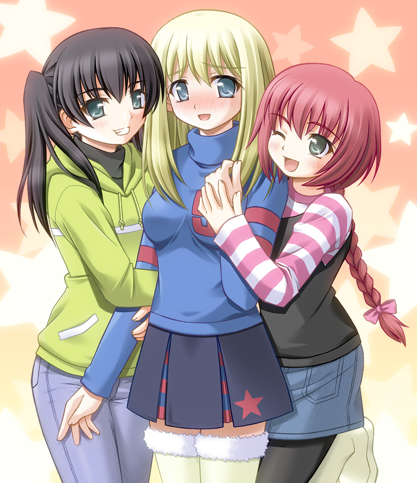 ;d, arm_hug, black_hair, blonde_hair, blue_eyes, braid, darker_than_black, girl_sandwich