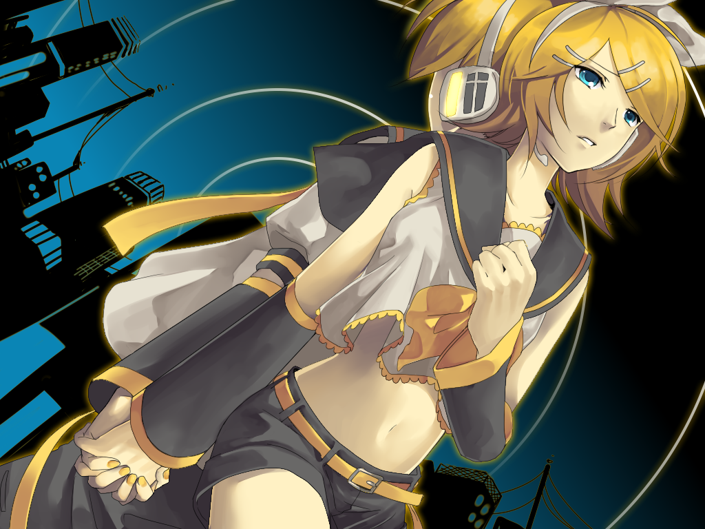 back-to-back, back_to_back, blonde_hair, hair_ornament, hair_ribbon, hairclip, hand_holding, headphones