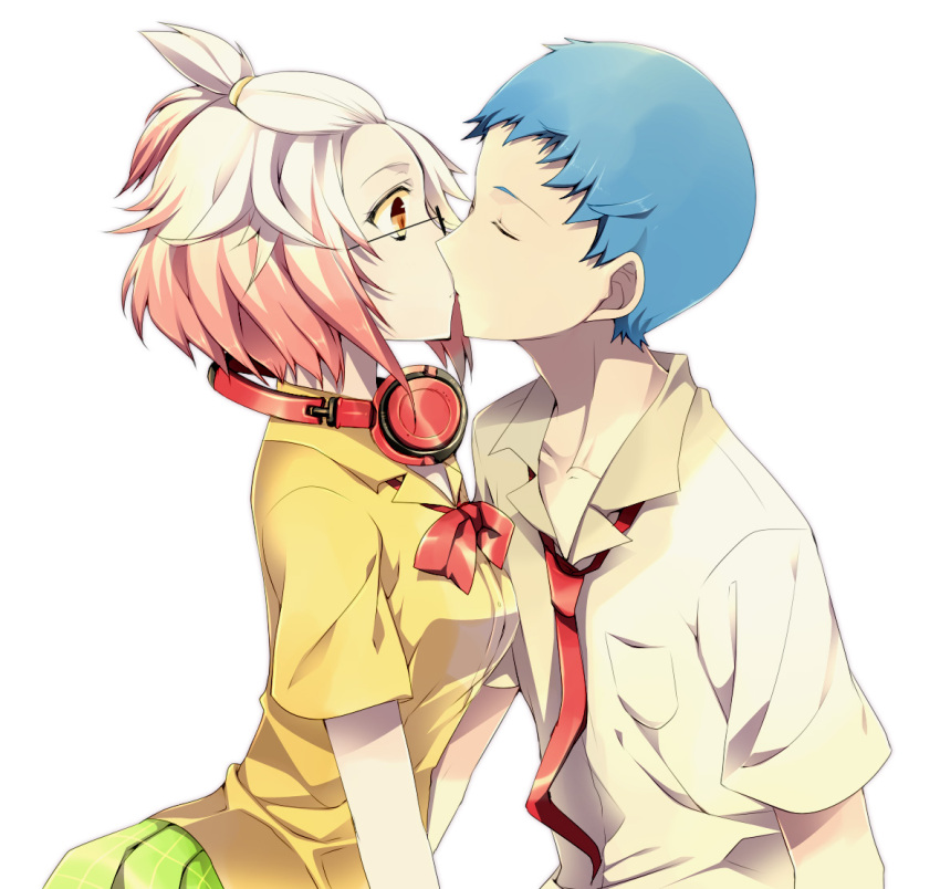 1girl, alternate_hairstyle, bespectacled, blue_hair, brown_eyes, couple, glasses, glasses_switch, headphones, hubert_ozwell, kiss, multicolored_hair, necktie, pascal, red_hair, redhead, shirt, short_hair, sumomo_(peach-breath), tales_of_(series), tales_of_graces, two-tone_hair, white_background, white_hair
