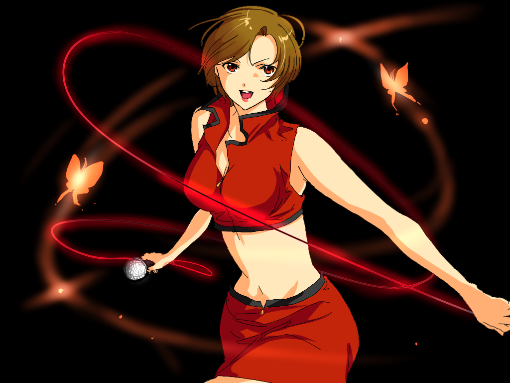 brown_hair, butterfly, meiko, microphone, midriff, sabu_(sa-bu), short_hair, simple_background