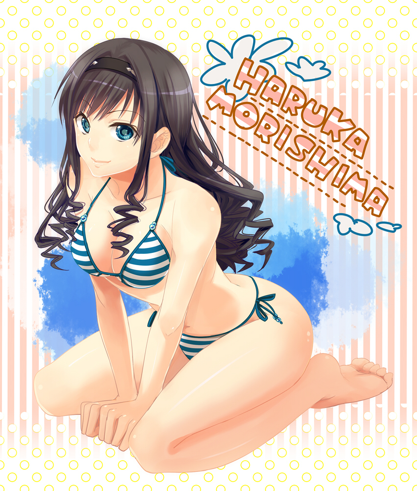 amagami, arm_support, bikini, blue_eyes, breasts, brown_hair, character_name, cleavage