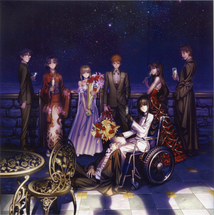 5boys, absurdres, ahoge, bare_shoulders, blonde_hair, bouquet, brown_hair, champagne