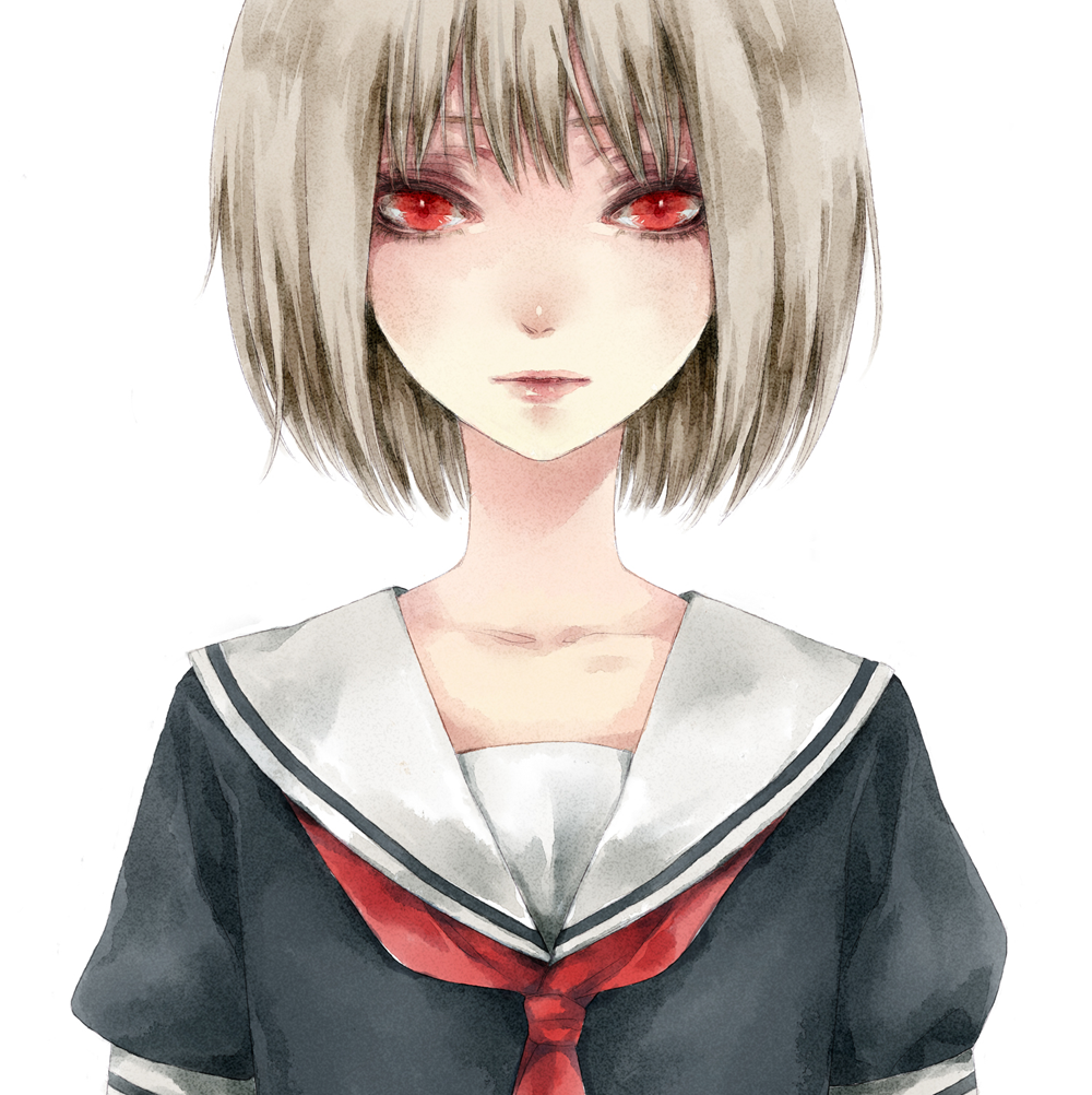 brown_hair, face, lips, original, red_eyes, school_uniform, serafuku, shashi_(sakisaki), short_hair, solo