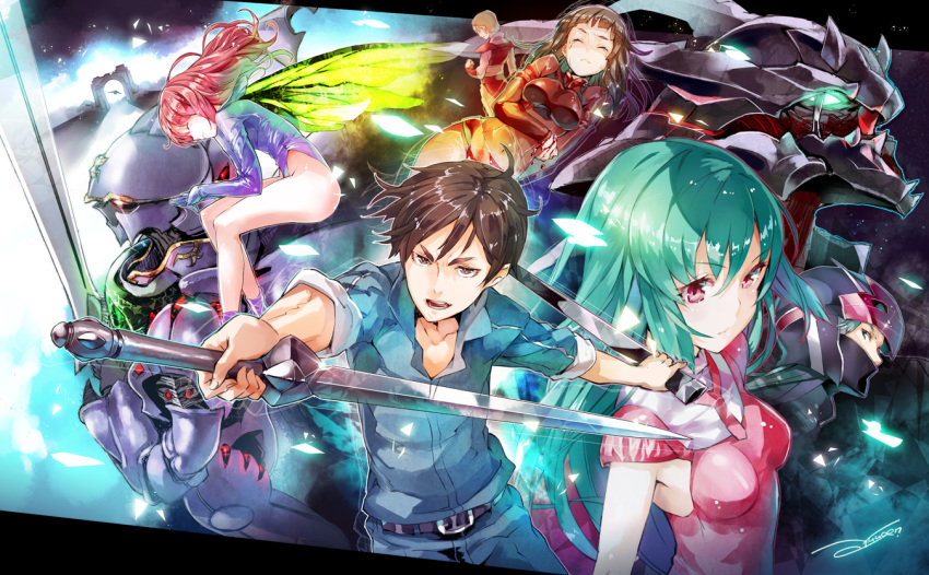 3girls, aqua_hair, bodysuit, breasts, brown_hair, butterfly_wings, cham_fau, character_request