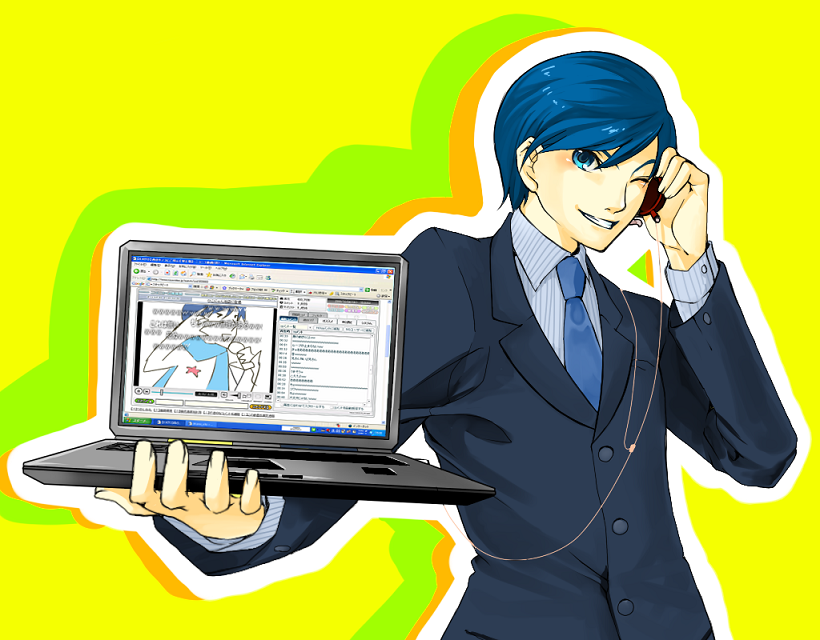 blue_eyes, blue_hair, computer, formal, grin, headphones, kaito, laptop