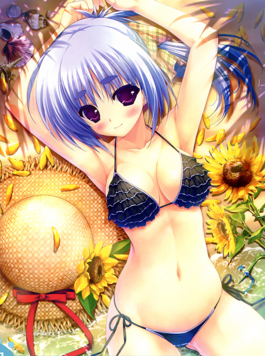 absurdres, amatsu_misora_ni!, armpits, arms_up, beach, bikini, black_bikini, blue_hair